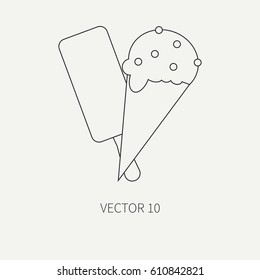 Line flat plain vector icon chocolate glaze ice cream. European traditional lunch. Cartoon vintage style dishes. Bistro. Fast food. Milk. Cafe. Snack. Calorie. Illustration and element for design.