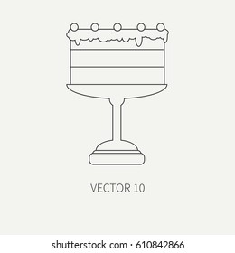 Line flat plain vector icon chocolate glaze cake with cream. European traditional lunch. Cartoon vintage style dish. Bistro. Fruit. Fast food. Cafe. Snack. Calorie. Illustration and element for design