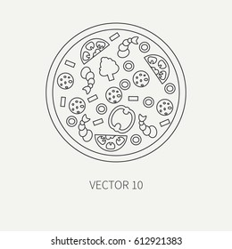Line flat plain vector icon pizza with sausage, vegetables, cheese. European traditional lunch.