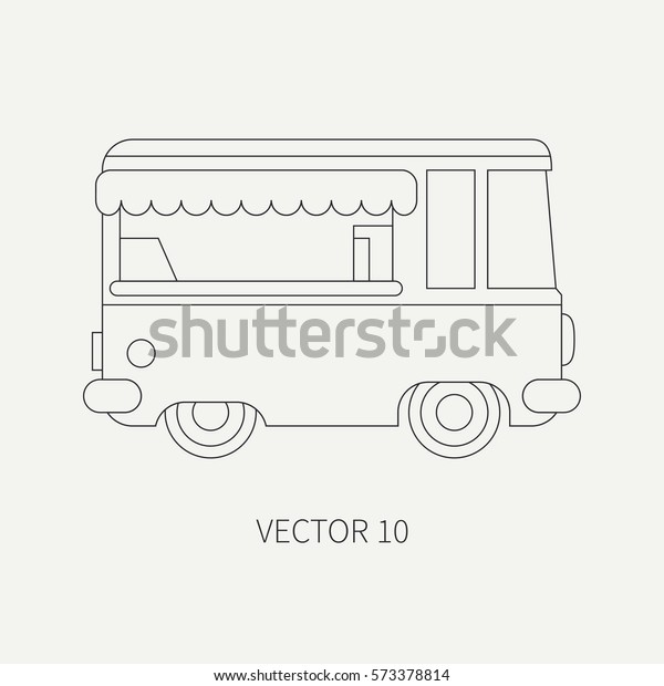 Line flat plain vector icon mobile coffee shop\
car. Commercial vehicle. Cartoon vintage style. Van. Fast food\
cafe. Street food. Snack. Auto. Simple. Childly. Illustration and\
element for design.