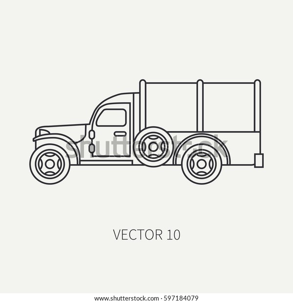 Line flat plain vector icon tarpaulin wagon army\
truck. Military vehicle. Cartoon vintage style. Cargo and soldiers\
transportation. Tractor unit. Tow auto. Simple. Illustration and\
element for design.