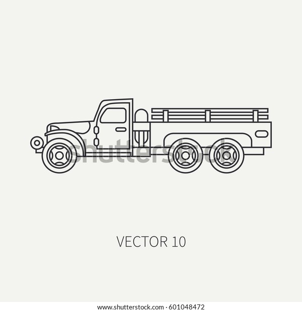 Line flat plain vector icon service staff open body\
army truck. Military vehicle. Cartoon vintage style. Cargo\
transportation. Tractor unit. Tow auto. Simple. Illustration and\
element for design. Road