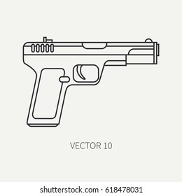Line flat plain vector military icon handgun, pistol. Army equipment and armament. Legendary retro weapon. Cartoon style. Assault. Soldier. Slug. War. Illustration and element for design and wallpaper