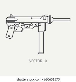 Line flat plain vector military icon - machine gun. Army equipment and armament. Legendary retro weapon. Cartoon style. Assault. Soldiers. Slug. War. Illustration and element for design and wallpaper.