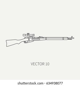 Line flat plain vector military icon rifle, carbine. Army equipment and armament. Legendary retro weapon. Cartoon style. Assault. Soldiers. Slug. War. Illustration and element for design and wallpaper