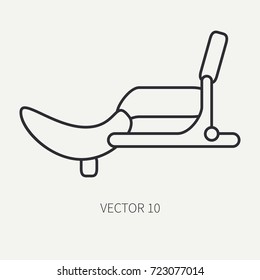 Line flat plain vector motorcycle icon classic bike leather seat. Legendary retro. Cartoon style. Biker motoclub. Highway. Equipment. Freedom rider. Illustration, element for your design, wallpaper.