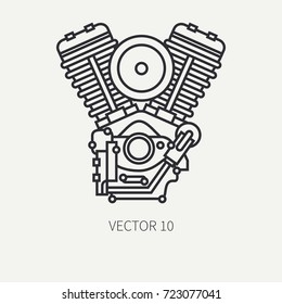 Line Flat Plain Vector Motorcycle Icon Classic Bike V Power Motor. Legendary Retro. Cartoon Style. Biker Motoclub. Gasoline Engine. Freedom Rider. Illustration, Element For Your Design, Wallpaper.