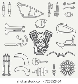 Line flat plain vector motorcycle icon classic bike repair set. Retro. Cartoon style. Biker motoclub. Gasoline engine. Equipment. Freedom rider. Illustration, element for your design and wallpaper.