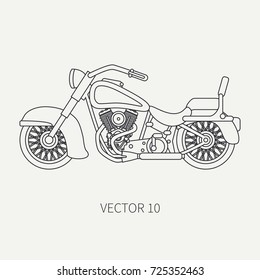 Line flat plain vector motorcycle icon - classic bike. Legendary retro moto. Cartoon style. Biker motoclub. Highway. Gasoline engine. Freedom rider. Illustration, element for your design and wallpaper