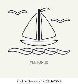 Line flat plain vector ocean icon boat with sail. Simplified retro. Cartoon style. Regatta. Seagull. Summer vacation. Sea doodle art. Crustacean. Illustration, element for your design and wallpaper.