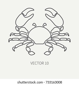 Line flat plain vector ocean fauna icon big crab. Simplified retro. Cartoon style. Cancer. Omar. Seafood delicacy. Shell. Claw. Sea. Crustacean. Illustration, element for your design and wallpaper