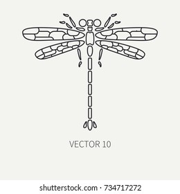 Line flat plain vector wildlife fauna icon bug, dragonfly. Simplified retro. Cartoon style. Insect. Beetle. Entomology. Tattoo art. Nature. Predator. Illustration element for your design wallpaper