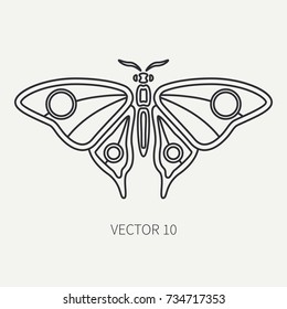 Line flat plain vector wildlife fauna icon bug, butterfly. Simplified retro. Cartoon style. Insect. Beetle. Entomology. Tattoo art. Nature. Forest. Illustration, element for your design and wallpaper