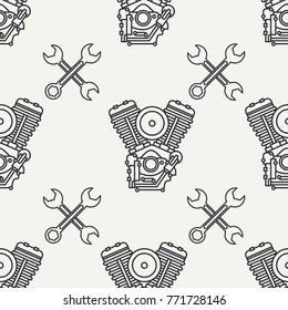 Line flat seamless pattern vector motorcycle classic bike power motor, wrench. Legendary retro. Cartoon. Biker motoclub. Gasoline engine. Freedom rider. Illustration, element for design and wallpaper.