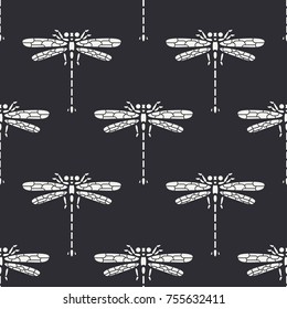 Line flat seamless pattern vectorwildlife fauna icon bug, dragonfly. Simplified retro. Cartoon style. Insect. Beetle. Entomology. Nature art. Predator. Illustration element for your design wallpaper