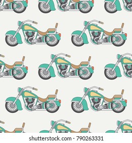 Line flat seamless vector color pattern motorcycle classic. Legendary retro. Cartoon style. Biker. Highway. Gasoline engine. Freedom rider. Illustration and element for design, wallpaper , background.