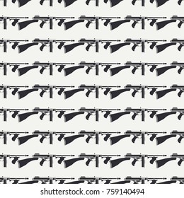 Line flat seamless vector military pattern machine gun. Army equipment, armament. Legendary retro weapon. Cartoon style. Assault. Soldiers. War. Illustration and element for your design, wallpaper.