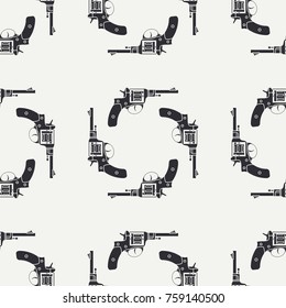 Line flat seamless vector military pattern revolver, gun. Army equipment, armament. Legendary retro weapon. Cartoon style. Assault. Soldiers. War. Illustration and element for your design, wallpaper