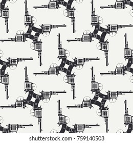 Line flat seamless vector military pattern revolver, gun. Army equipment, armament. Legendary retro weapon. Cartoon style. Assault. Soldiers. War. Illustration and element for your design, wallpaper