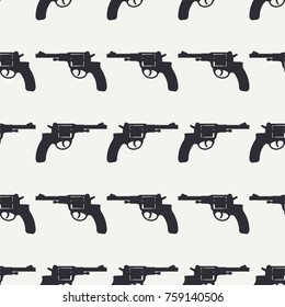 Line flat seamless vector military pattern revolver, gun. Army equipment, armament. Legendary retro weapon. Cartoon style. Assault. Soldiers. War. Illustration and element for your design, wallpaper