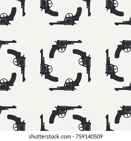 Line flat seamless vector military pattern revolver, gun. Army equipment, armament. Legendary retro weapon. Cartoon style. Assault. Soldiers. War. Illustration and element for your design, wallpaper