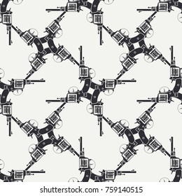 Line flat seamless vector military pattern revolver, gun. Army equipment, armament. Legendary retro weapon. Cartoon style. Assault. Soldiers. War. Illustration and element for your design, wallpaper