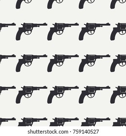 Line flat seamless vector military pattern revolver, gun. Army equipment, armament. Legendary retro weapon. Cartoon style. Assault. Soldiers. War. Illustration and element for your design, wallpaper