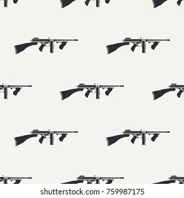 Line flat seamless vector military pattern machine gun. Army equipment, armament. Legendary retro weapon. Cartoon style. Assault. Soldiers. War. Illustration and element for your design, wallpaper.