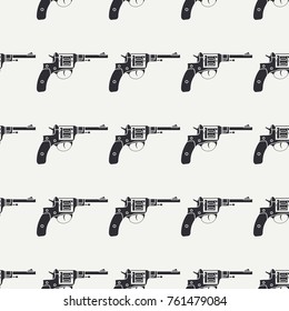 Line flat seamless vector military pattern revolver, gun. Army equipment, armament. Legendary retro weapon. Cartoon style. Assault. Soldiers. War. Illustration and element for your design, wallpaper