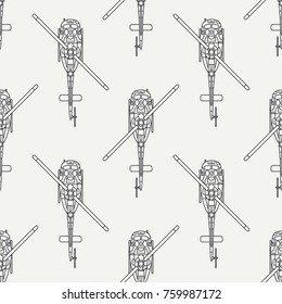 Line flat seamless vector pattern military turboprop transportation helicopter. Army equipment. Retro copter. Cartoon. Assault. Soldiers. War. Illustration and element for your design, wallpaper.