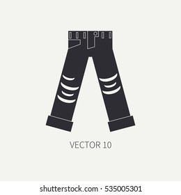 Line flat silhouette vector icon wear - ripped jeans. Punk rock style. Illustration texture for your design, wallpaper. Cartoon style. Clipart. Logo. Vintage. Hipster. Monochrome.