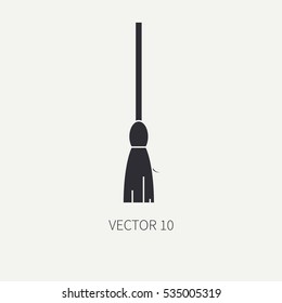 Line flat silhouette vector icon garden tool - broom. Cartoon style. Vector illustration and element for your design , wallpaper. Logo. Cartoon style. Vintage. Gardening. Farm. Monochrome.