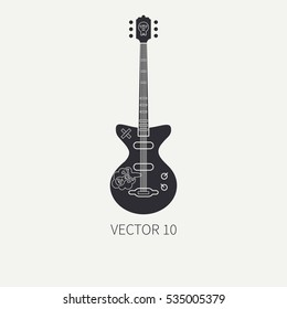 Line flat silhouette vector icon musical instruments - electric guitar. Punk rock style. Illustration texture for design, wallpaper. Clipart. Logo. Cartoon style. Vintage. Hipster. Monochrome.