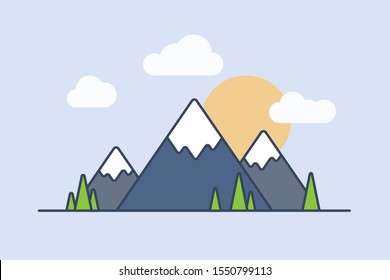 Line flat style landscape with mountains on blue background. Vector illustration.