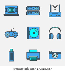 Line flat technology objects icon (Notebook, Server, Wifi, Camera, Headset, CD, Printer, USB, Joystick). Vector illustration icon set 