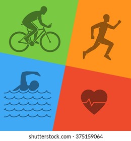 Line and flat triathlon logo. Silhouettes of figures triathlete.