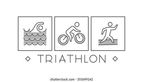 Line and flat triathlon logo. Swimming, cycling and running icon. Silhouettes of figures triathlete. Vector sport symbol, label and badge