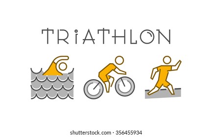 Line and flat triathlon logo. Swimming, cycling and running icon. Silhouettes of figures triathlete. Vector sport symbol, label and badge