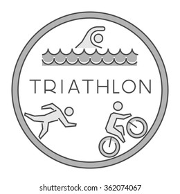 Line and flat triathlon logo and symbol. Swimming, cycling and running. Vector sport label and badge.