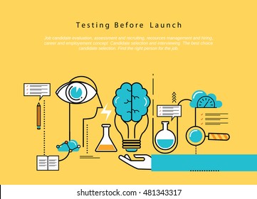 Line flat vector business design and infographic elements for website design process, application development, analysis, concept and strategy, designing and testing, optimization and launching.