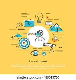 Line Flat Vector Business Design And Infographic Elements For Job Candidate Evaluation, Interviewing, Assessment, Recruiting, Resources And Corporate Management, Hiring, Employment, Career Concept