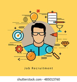 Line flat vector business design and infographic elements for job candidate evaluation, interviewing, assessment, recruiting, resources and corporate management, hiring, employment, career concept