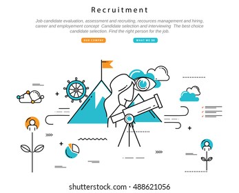 Line flat vector business design and infographic elements for job candidate evaluation, interviewing, assessment, recruiting, resources and corporate management, hiring, employment, career concept