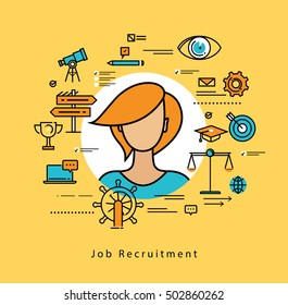 Line flat vector business design for job candidate evaluation, interviewing, assessment, recruiting. Resources and corporate management, hiring, employment, freelance, jobs,career, business concept 