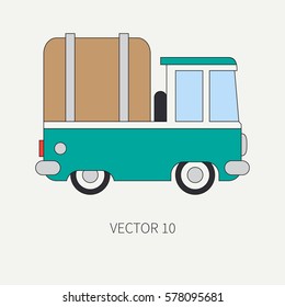 Line flat vector color icon service staff car. Commercial vehicle. Cartoon vintage style. Cargo transportation. Pickup rural truck. Awning capacity auto. Road. Illustration and element for design.