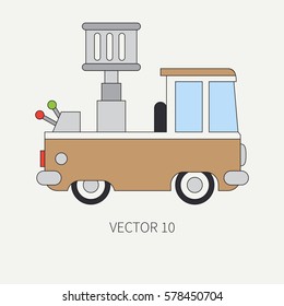 Line flat vector color icon service staff car with hydraulic lift. Commercial vehicle. Cartoon vintage style. Cargo transportation. Maintenance. Industrial. Tow. Illustration and element for design.