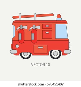 Line flat vector color icon fire truck. Emergency assistance vehicle. Cartoon style. Fireman. Maintenance. Rescue. Fire department. Extinguisher. Siren. Road. Illustration and element for your design.