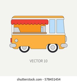 Line Flat Vector Color Icon Mobile Coffee Shop Car. Commercial Vehicle. Cartoon Vintage Style. Van. Fast Food Cafe. Street Food. Snack. Auto. Simple. Childly. Illustration And Element For Your Design.