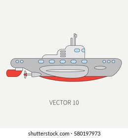 Line flat vector color icon naval diesel submarine. Dreadnought warship. Cartoon vintage style.  