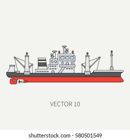 Line flat vector color icon comercial trawler ship. Fishing fleet. Cartoon style. Ocean. Sea. Net. Refrigerator. Seafood. Industrial. Marine preserves. Captain Sail Illustration element for design